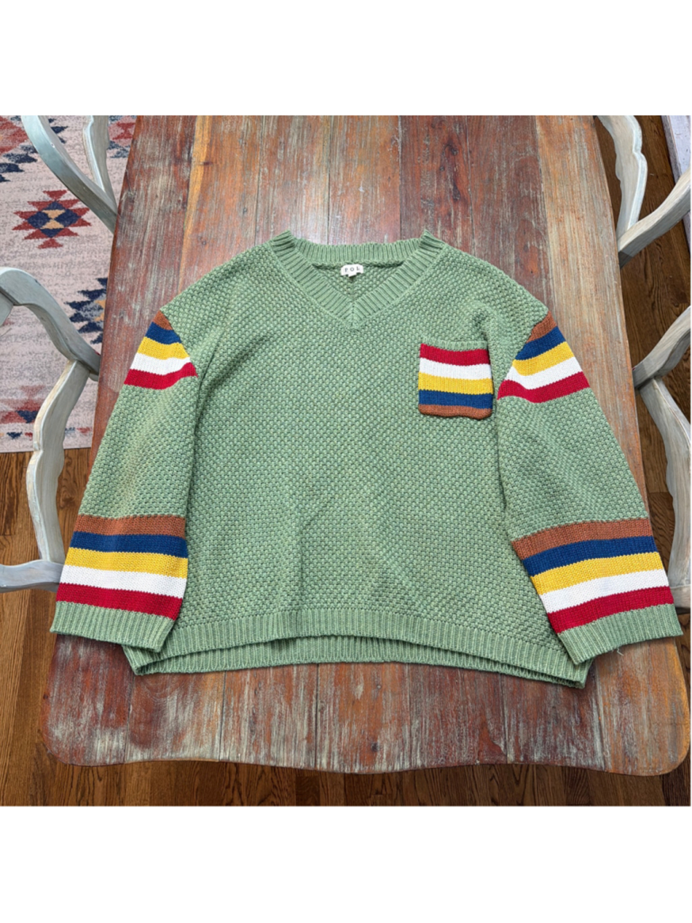 POL Sage Green Chunky Knit V-Neck Sweater Rainbow Stripe Sleeves Pocket M